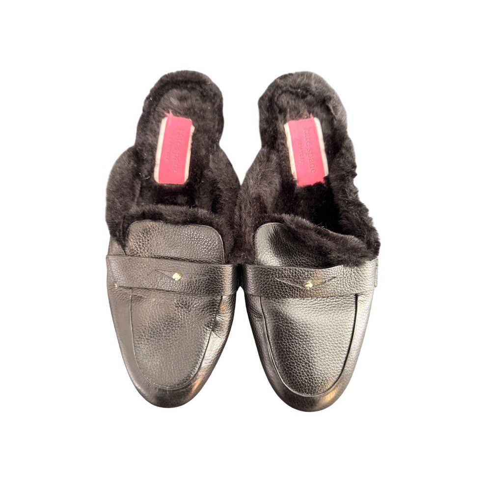 Kate Spade Caelyn‎ Fur Lined Mules Slip-On Shoes Loafers Flats Leather Black 7.5